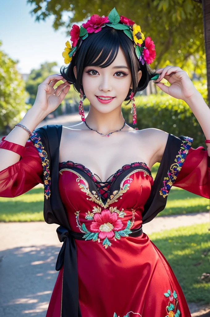 (masterpiece:1.4), (best quality:1.4), ultra high res, ultra high resolution, ((detailed facial features)), HDR, (realistic, photorealistic, photo-realistic:1.37), full body Esbian, sexy swedish model, (-anime), only 1 model, vivid colors, ((vivid colors colorful very short hair)), (happy smile), lip-gloss, long lashes, gothic makeup, defined eyebrows, wearing large sparkling colorful jewelery, wearing a red silk Paradise Kiss cosplay dress with black floral embroidery, ((vivid colors outfit)), vivid colors, look at the camera, cinematic light, large park background with trees, sweet and sexy pose
