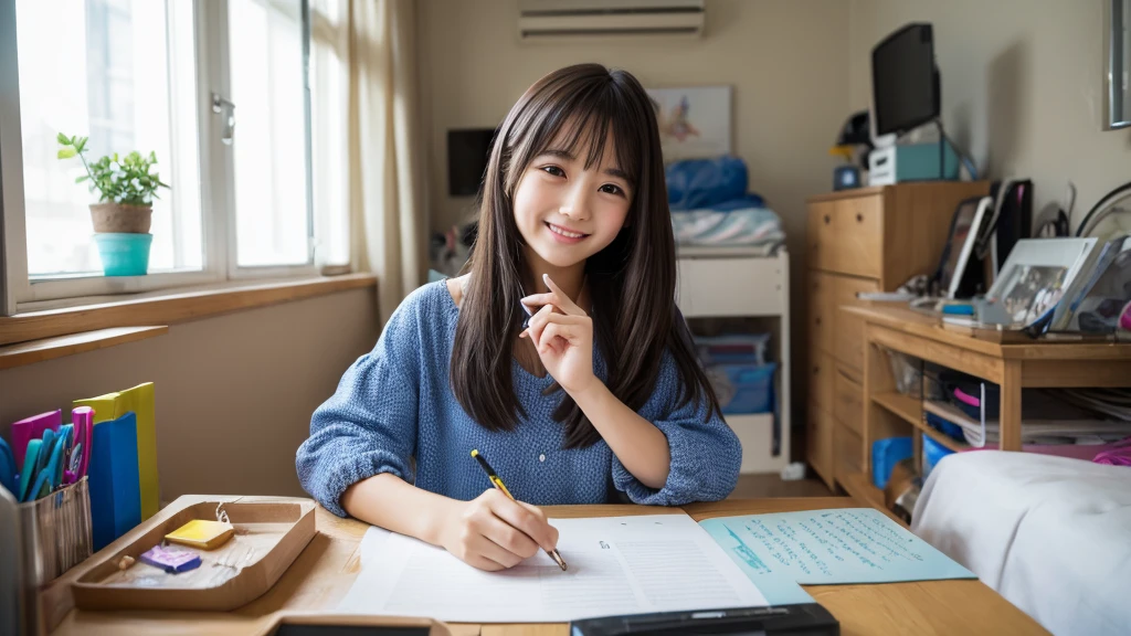 ((Highest quality)), ((masterpiece)), (detailed), One girl, Happy to see the smartphone,20th Generation、smile、Messy room