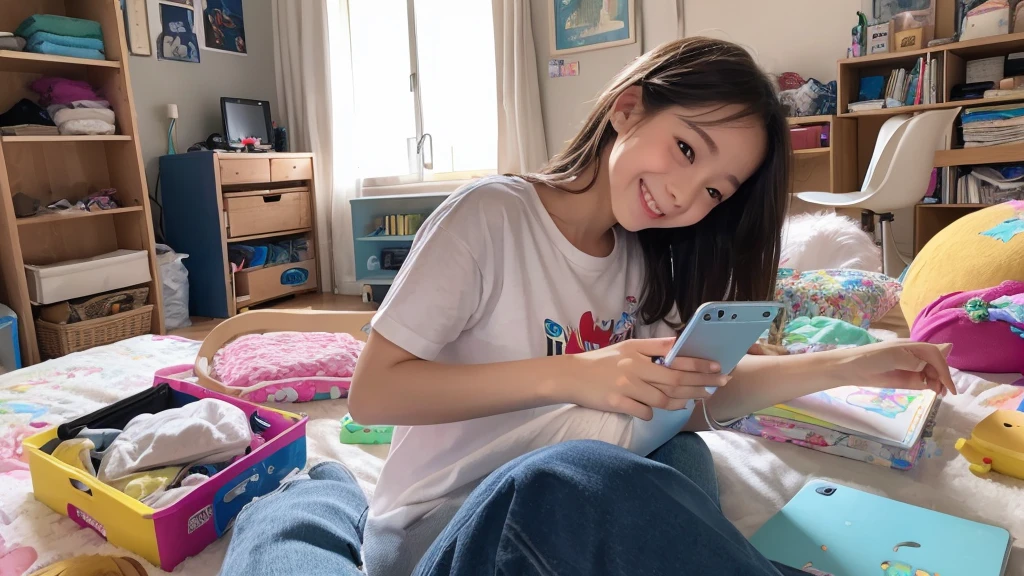 ((Highest quality)), ((masterpiece)), (detailed), One girl, Happy to see the smartphone,20th Generation、smile、Messy room