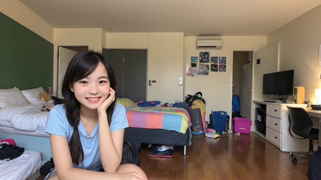 ((Highest quality)), ((masterpiece)), (detailed), One girl, Happy to see the smartphone,20th Generation、smile、Messy room
