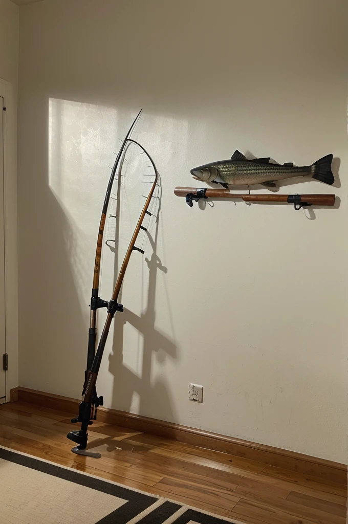 On the wall there is an air rifle and also a fishing rod