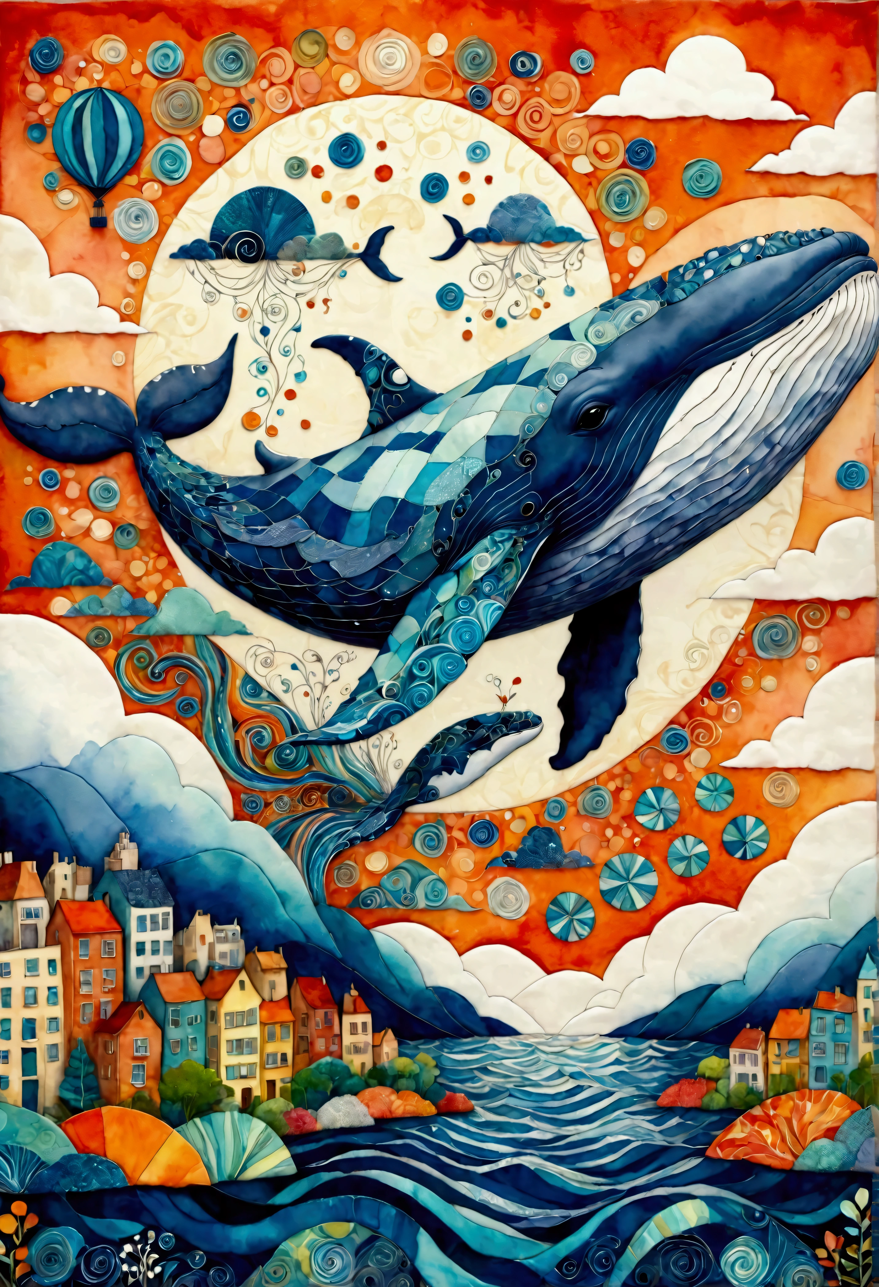 create artistic handmade pieces,This is a dreamy and colorful work that looks like an illustration in a picture book.,Collage using various art materials,A sky pattern drawn by mixing blue and black,watercolor style background,cloth,quilting,Embroidery thread,Looking down on the cityscape painted in white and orange from above,flying whale,Cityscape and sky of a Brazilian city near the sea,BREAK,(Flying Whale: Anatomically Correct Whale: Cute Whale: Baleen Whale: Humpback Whale),BREAK,rich expression,Use various patterns such as geometric patterns and traditional patterns,An imaginative dream world,happy dream,artwork,patchwork,intricate details,anatomically correct,perfect ,kind,rich colors,Careful in every detail,structurally correct