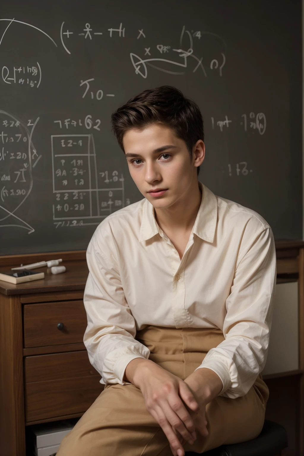 A young male twink, 22 years old, with a cute, angel-faced face with makeup and black hair, wearing a luxurious, long-sleeved, white shirt and brown medieval pants. Behind him is a blackboard with mathematical equations written on it. He looks proudly as he sits at a desk with medical tools on it, and he has an innocent face.