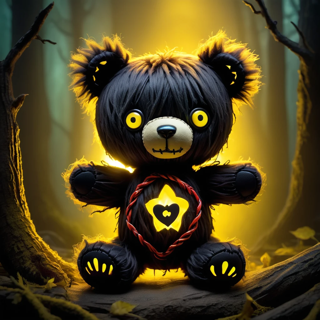 (knitted toy voodoo doll:1.7), (Voodoo Sinister Bear Cub:1.3), (Clothing: dark fur with glowing yellow patterns:1.0), (Accessories: enchanted cursed claws, glowing ethereal band, mystical haunted forest clearing:1.2), (background: eerie clearing with floating, glowing fog and distant howls:1.2), best quality, masterpiece, detailed soft oil painting, detailed background, dramatic cinematic lighting, soft edge lighting, professional, dramatic lighting, hard edge lighting, ultra quality, 4k, masterpiece, best quality, 8k, ultra high definition, high resolution, extremely detailed
