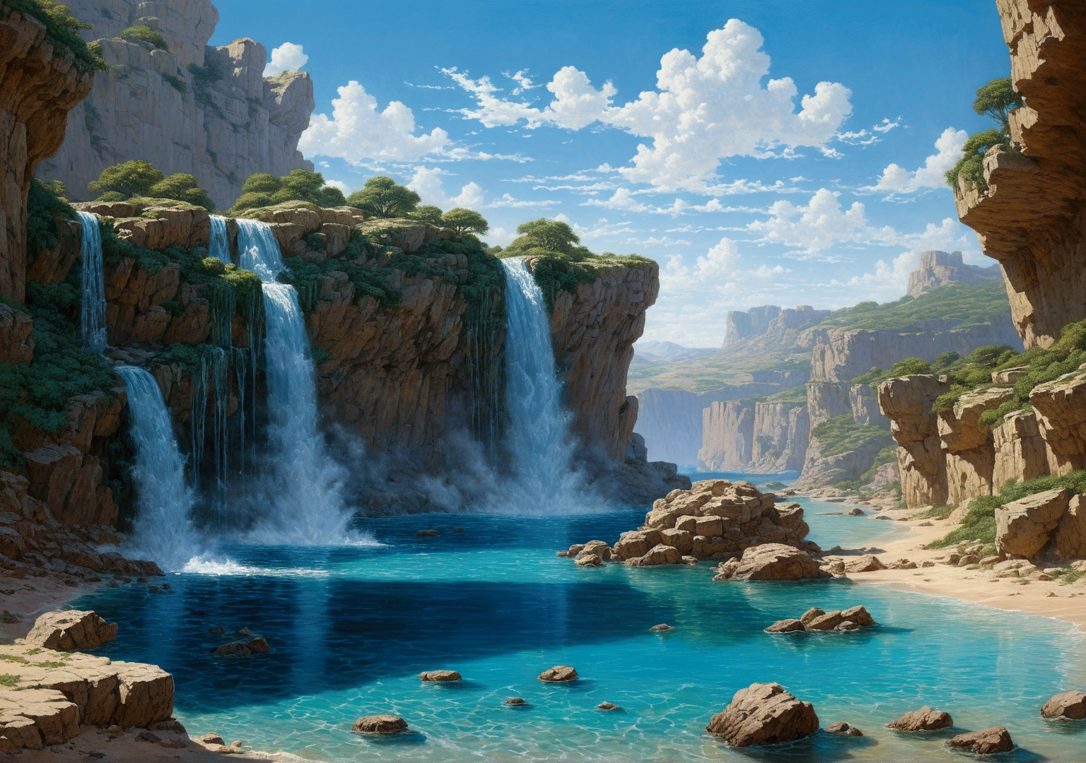 summoned, Scenery of the Earth's Interior, summoned, Male Crystalline Blue Profondo,glycine,cascade, Crystal clear water, Bright azure sky, ,(Highly detailed CG unit 8k wallpaper), The most beautiful works of art in the world, Professional majestic oil painting, Complex, Attention to detail, Sharp focus, dramatic, The art of photorealism painting, Alma Tadema