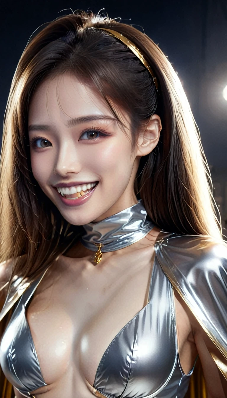 Vampyfangs1, (RAW photo, best quality, masterpiece, ultra-detailed, high res), (realistic),(extremely delicate and beautiful:1), mesmerizing woman with long hair in sleek high ponytail , (((wearing glossy silver and gold lined cloak fastened at the neck :1.20))), crop top and hotpants , nighttime , detailed features, smiling expression of feelings, imaginative, highly detailed, extremely high-resolution details, photographic, realism pushed to extreme, fine texture, 4k, ultra-detailed, high quality, high contrast, full body shot