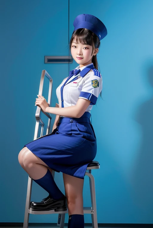 Tween asian girl in uniform sitting on a steplad, of a posing, wearing Flight attendant, girl wearing uniform, wearing a steward, wearing stewardess, in an action pose, air steward, dressed as , doing a sassy pose, photo from a promo shoot, full pose,