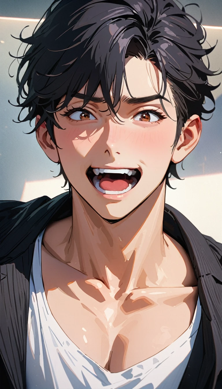 28 years old ,masterpiece , modern, Verism, masterpiece, super detail, best quality, 4K , A handsome man, black hair, short hair, He has his mouth wide open, showing a very surprised expression.