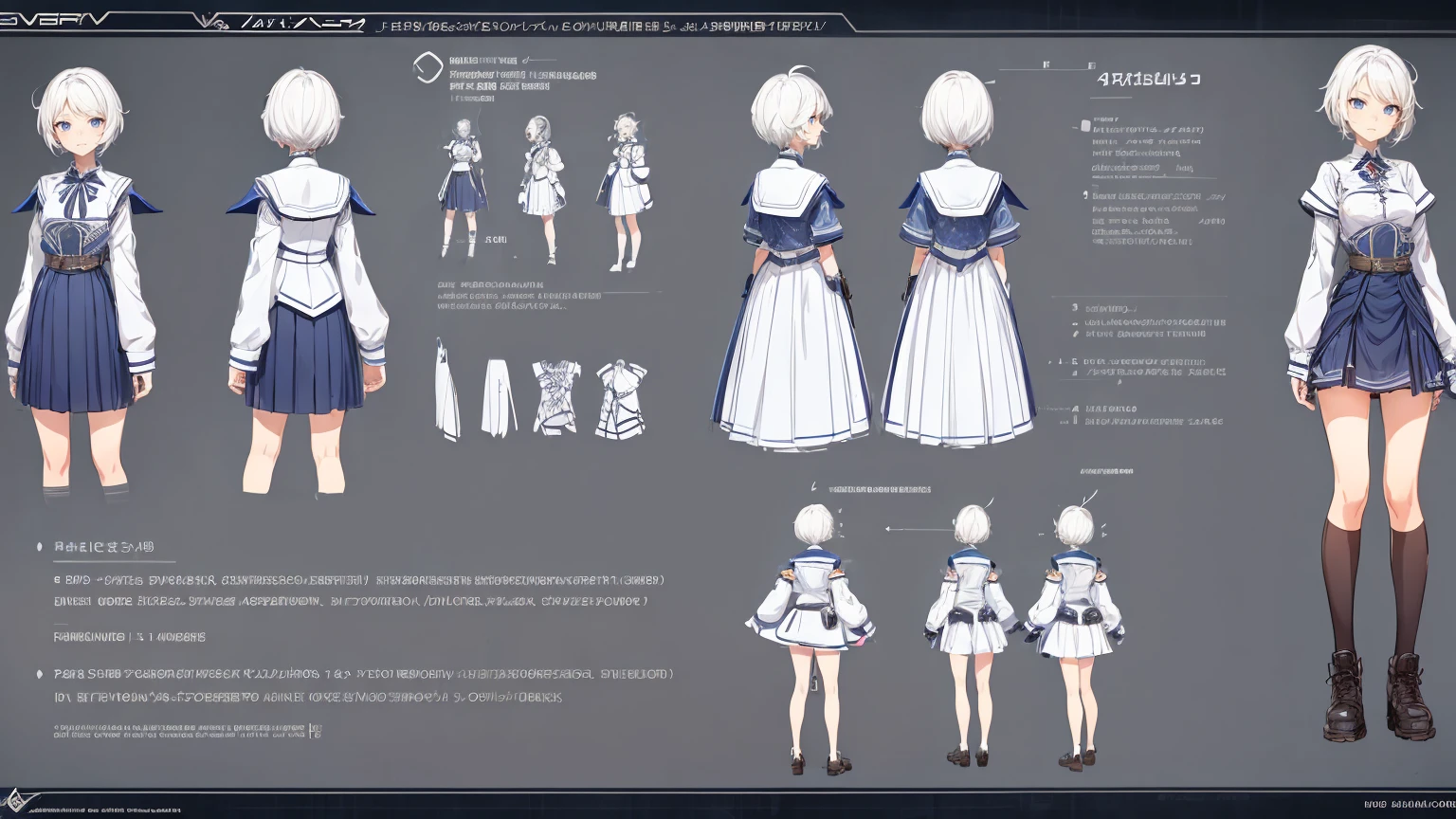 cute girl in a short gaming dress , short hairs, , full straight standing pose, student, Character Sheet, Full body, Simple white background, character reference sheet, Concept art, design sheet, HD, 4k