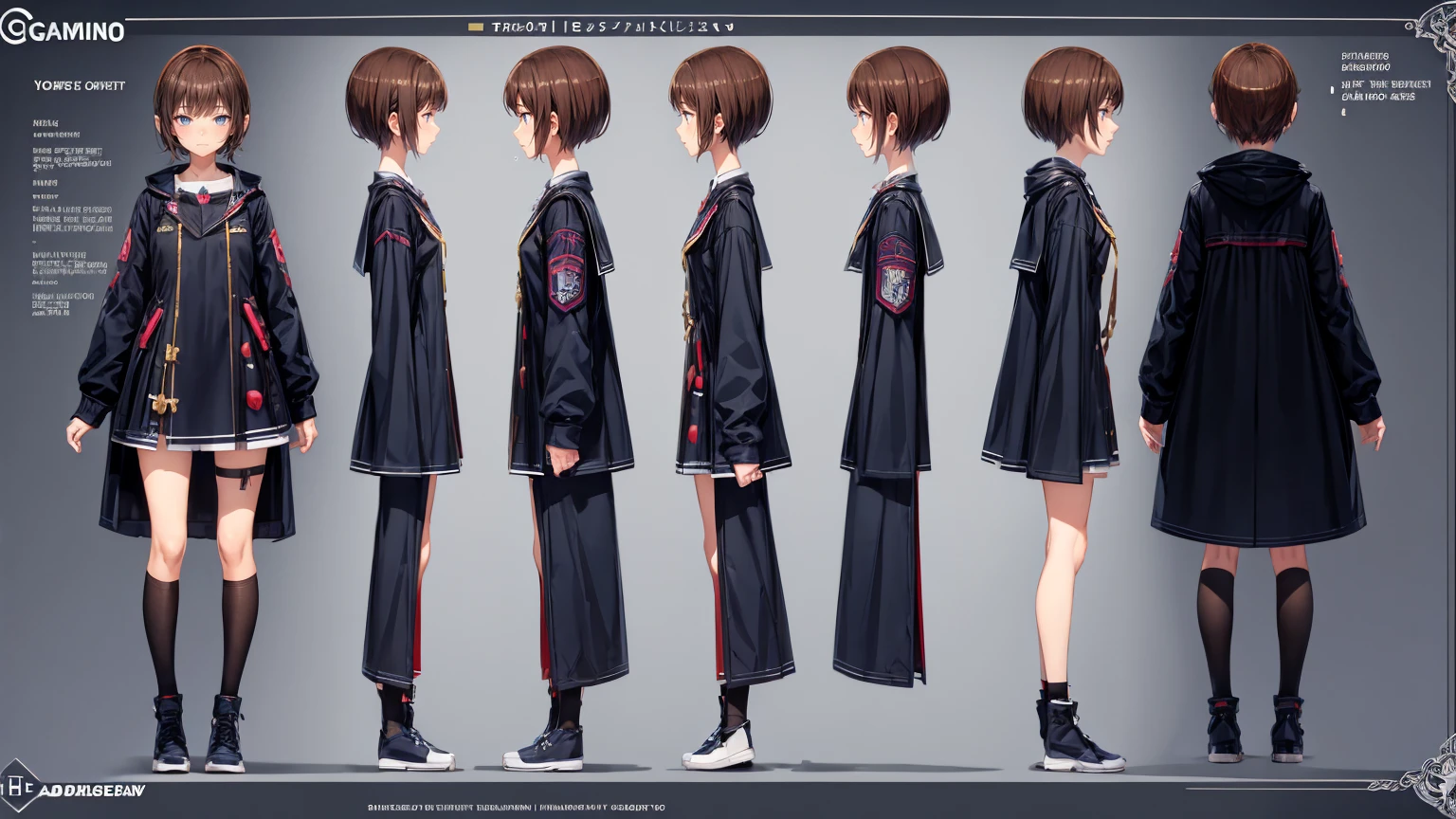 cute girl in a short gaming dress ,  short hairs, , full straight standing pose, 14yo student, Character Sheet, Full body, Simple white background, character reference sheet, Concept art, design sheet, HD, 4k