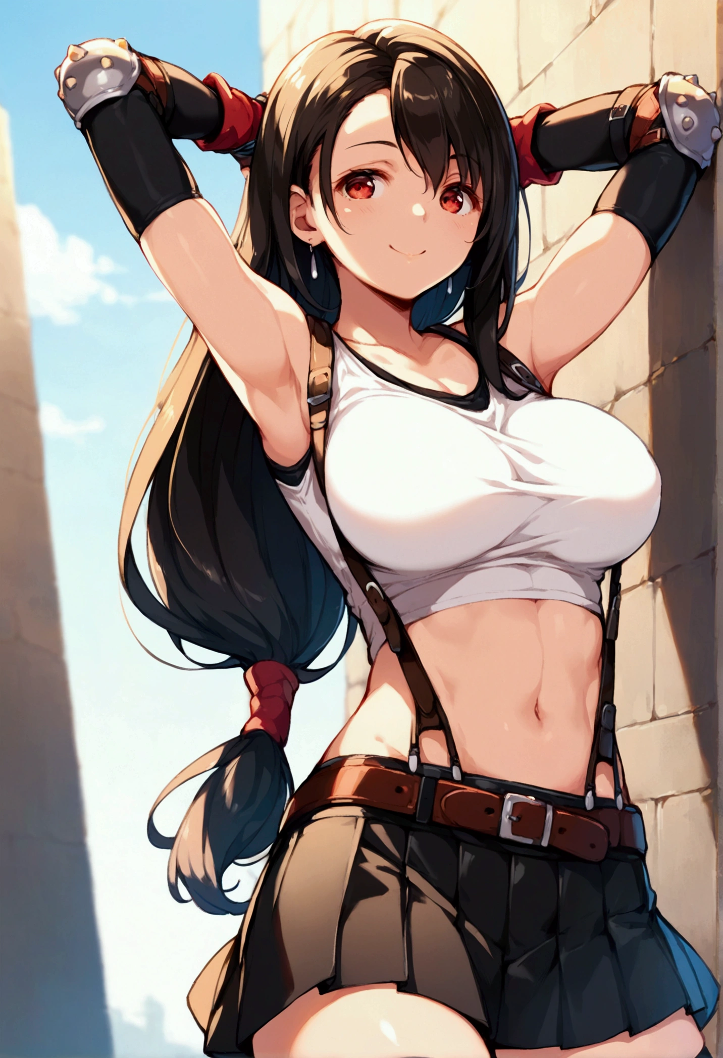 (score_9, score_8_up, score_7_up),,BREAK , ,dutch angle,,breast view, breast press,,standing,leaning on wall.arms up,arms behind head. upperbody,,Solo ,1girl, tifa lockhart, final fantasy, tareme,black hair, low-tied long hair, red eyes, bangs, (white tank top, belt, pleated skirt, thighhighs, elbow fingerless gloves, elbow pads, midriff, navel,suspender skirt) ,(large_breast),(light smile),daytime,outdoor,(ultra detailed),(best quality),(aesthetic,very aesthetic),UHD,extremely detailed CG unity 8k wallpaper,depth of field,,,detailed face and eyes