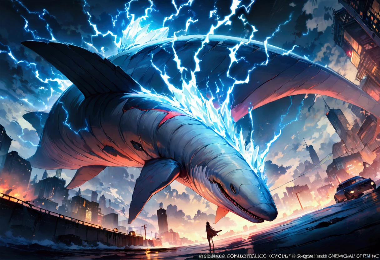 Cyberpunk style whale flying in the sky, Huge transparent wings, (electricity)，(flame)，(ice)，(gem)，cloud, Metal Material，Wood texture, Depth of Field, Blurred background,A fusion of aesthetics and dynamics,Wide-angle lens ,(masterpiece, Top quality, best quality, Official Art, beautiful and aesthetic:1.2), rich and colorful, Glowing skin,