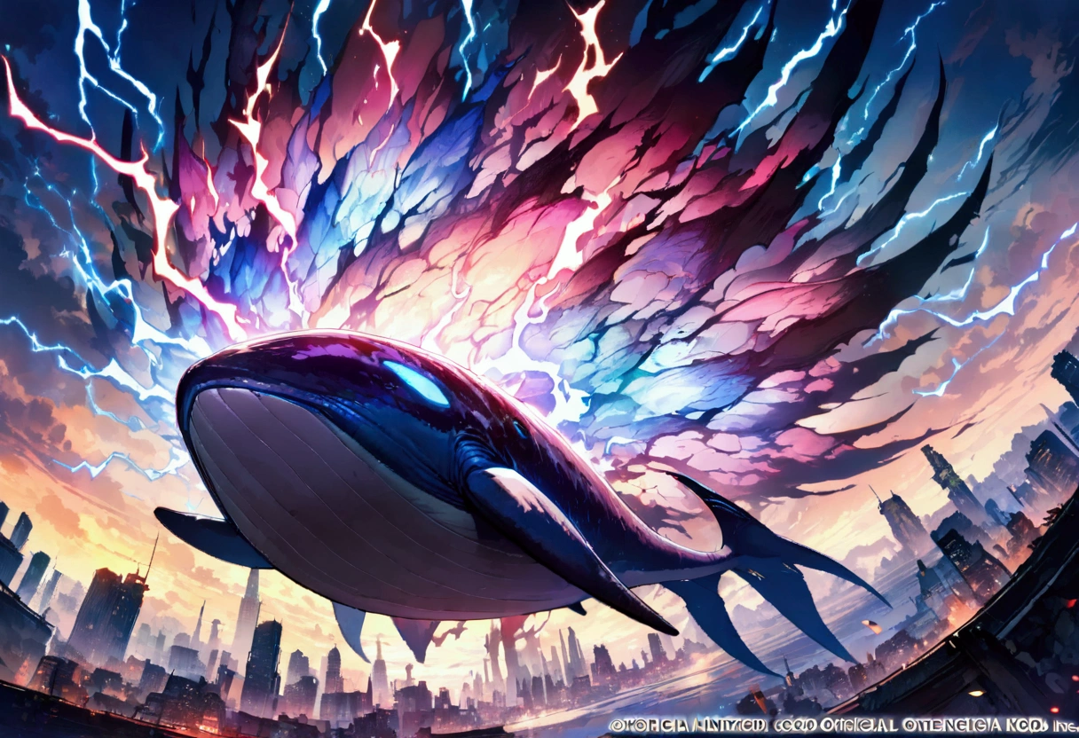 Cyberpunk style whale flying in the sky, Huge transparent wings, (electricity),(flame),(ice),(gem),cloud, Metal Material,Wood texture, Depth of Field, Blurred background,A fusion of aesthetics and dynamics,Wide-angle lens ,(masterpiece, Top quality, best quality, Official Art, beautiful and aesthetic:1.2), rich and colorful, Glowing skin,
