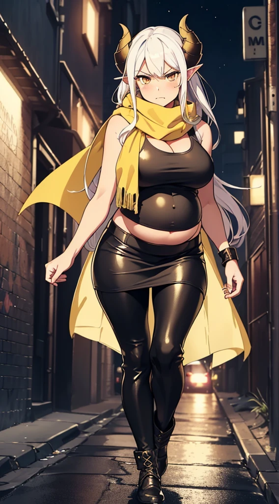 1girl,long hair, white hair,curly hair,yellow eyes,(angry face), medium ,show belly,cleavage,horns,elf ears,((yellow scarf)),(((walking in an alley of a city at night,night))),cowboy shot,from front,(black tank top,black pencil skirt,black leather pants), (pregnant)
