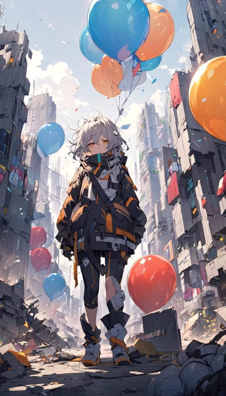 In a war-torn futuristic city, a person covered in remnants of a burst giant futuristic balloon, looking disheveled and comical.