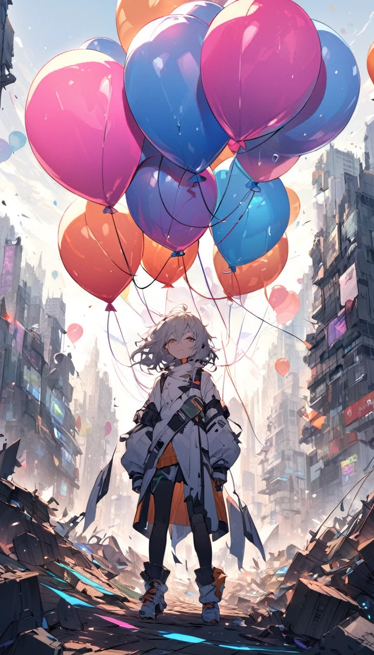 In a war-torn futuristic city, a person covered in remnants of a burst giant futuristic balloon, looking disheveled and comical.