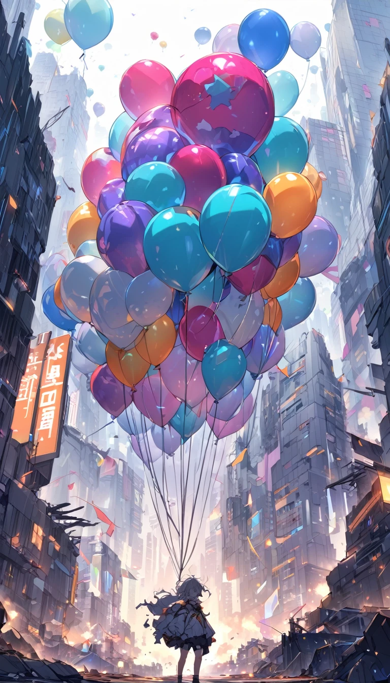 In a war-torn futuristic city, a person covered in remnants of a burst giant futuristic balloon, looking disheveled and comical.