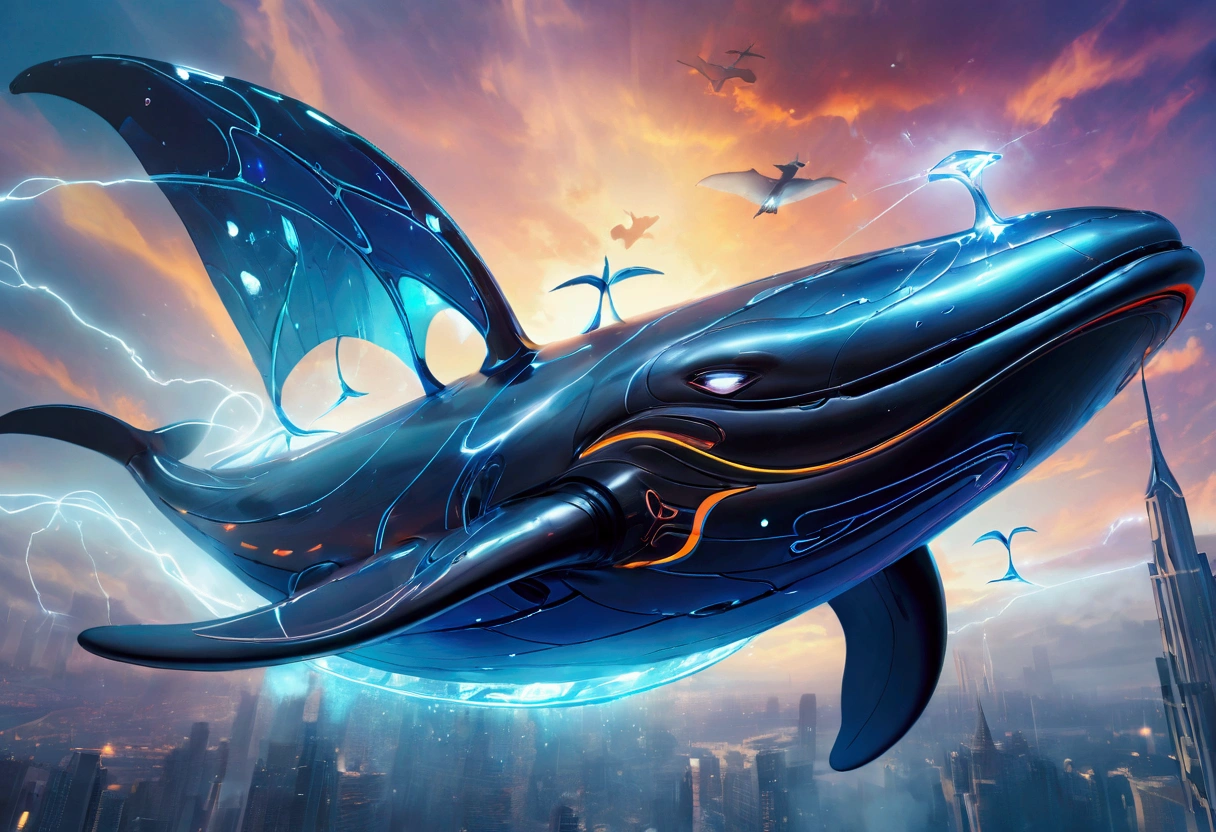 Cyberpunk style whale flying in the sky, Huge transparent wings, (electricity)，(flame)，(ice)，(gem)，cloud, Metal Material，Wood texture, Depth of Field, Blurred background,A fusion of aesthetics and dynamics,Wide-angle lens ,(masterpiece, Top quality, best quality, Official Art, beautiful and aesthetic:1.2), rich and colorful, Glowing skin,
