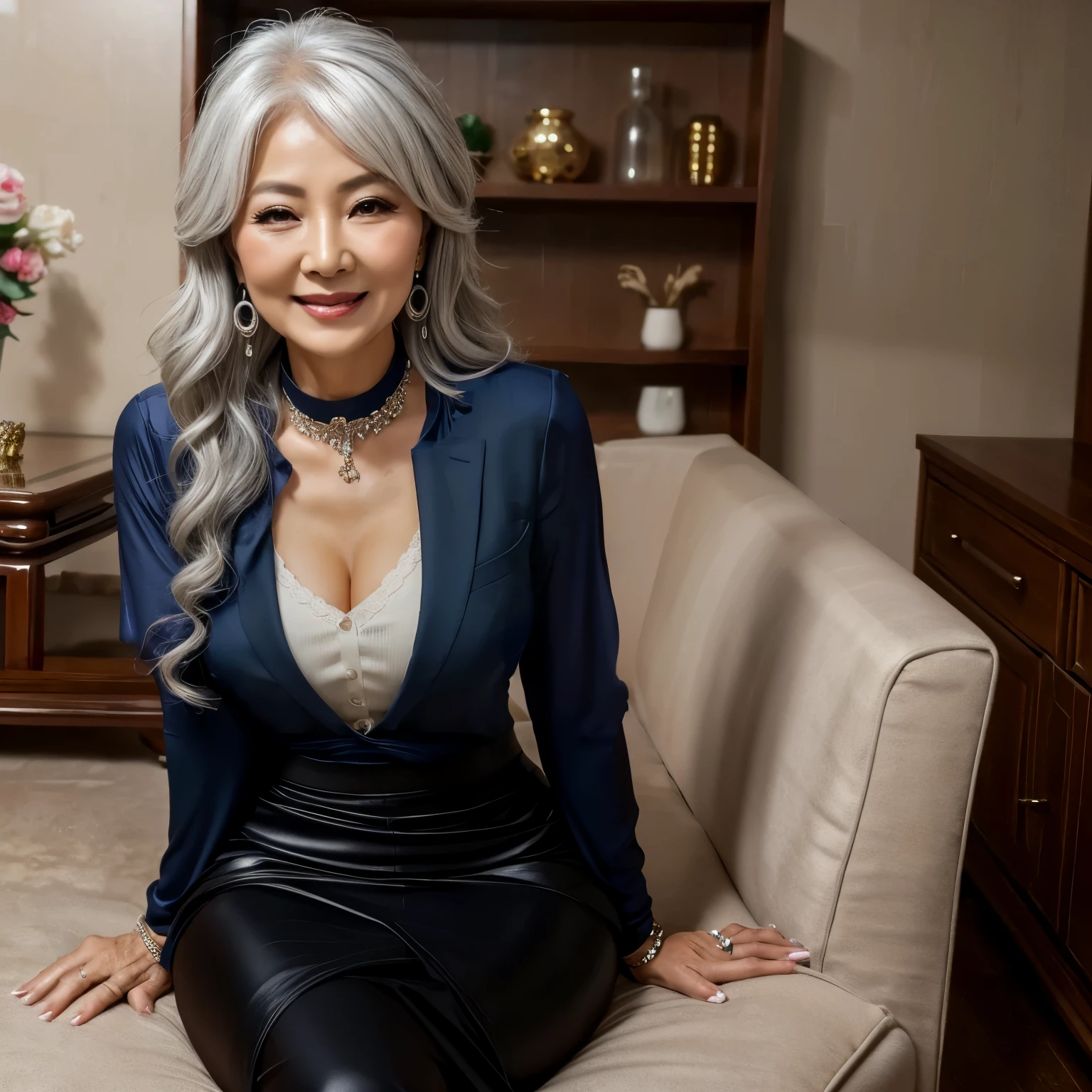 75 years old mom Korean, Lady large earring Big choker navel piercing decoration A bracelet Silver Hair realisitic Gorgeous Madame Beautiful Matuan sexly Smilentle woman navel piercing 4K High quality gorgeous madam beautiful mature woman Skirt