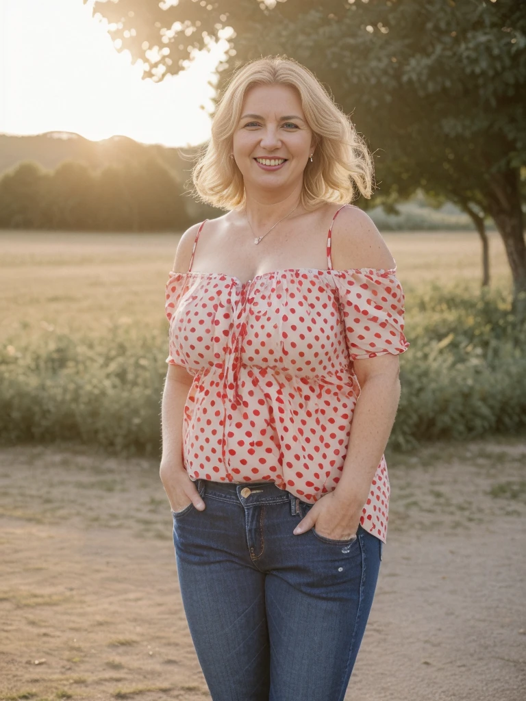 her name is Amélie, high quality, ((mature)), ((white pale skin)), 1girl, ((40-year-old chubby Swiss woman)), ((40 years old)), ((chubby)), ((CRANKY short BLONDE)), pose: sensual, wearing stylish (((wearing pair of red off shoulder polka red blouse and jeans))), ((BACKGROUND: strolling through a sunset at barn in the south of France)), smiling