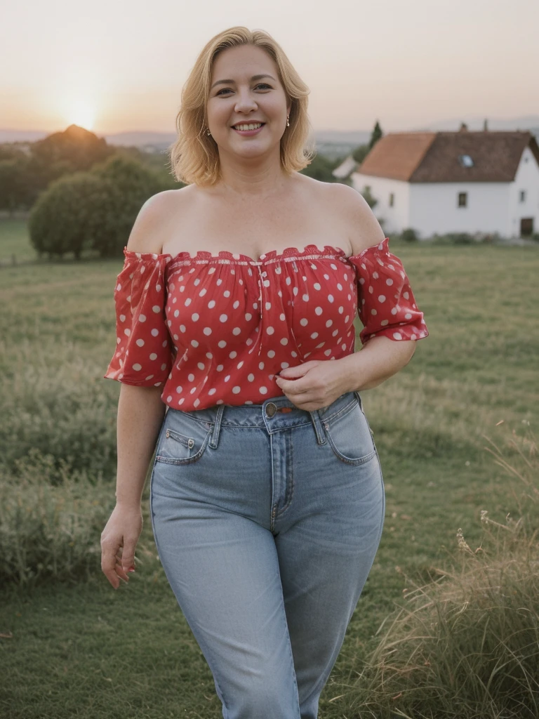 her name is Amélie, high quality, ((mature)), ((white pale skin)), 1girl, ((40-year-old chubby Swiss woman)), ((40 years old)), ((chubby)), ((CRANKY short BLONDE)), pose: sensual, wearing stylish (((wearing pair of red off shoulder polka red blouse and jeans))), ((BACKGROUND: strolling through a sunset at barn in the south of France)), smiling