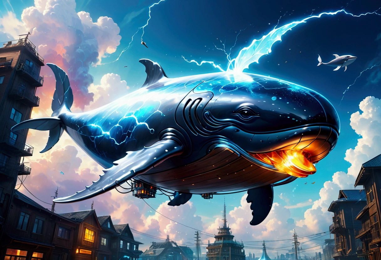 Cyberpunk style whale flying in the sky, Huge transparent wings, (electricity),(flame),(ice),(gem),cloud, Metal Material,Wood texture, Depth of Field, Blurred background,A fusion of aesthetics and dynamics,Wide-angle lens ,(masterpiece, Top quality, best quality, Official Art, beautiful and aesthetic:1.2), rich and colorful, Glowing skin,