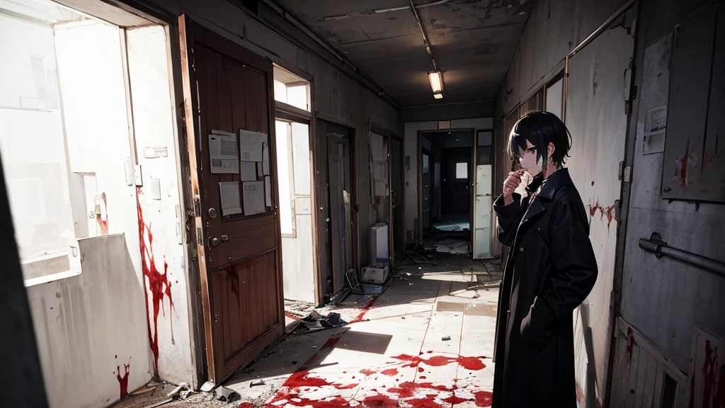 16 K,Beautiful, masutepiece, Best Quality, extra detailed face,Delicate eyes, Perfect Lighting,1 boy in、long coat of black color、Black hair.short-hair、holding Pistol、Dark Abandoned Hospital、terrorism、There are blood stains、horrified face、Staring at this、There is blood on the clothes、Dark horror、boy with an gun、Abandoned hospital in the middle of the night, 1boy, 1boy, 1boy, dark, dark, dark,
