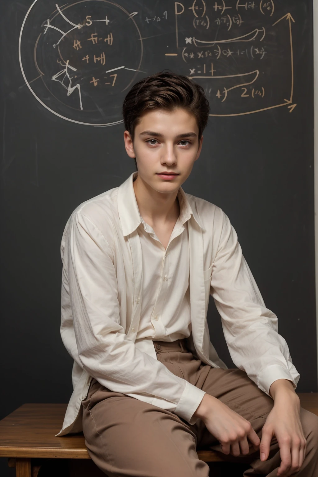 A young male twink, 22 years old, with a cute, angel-faced face with makeup and black hair, wearing a luxurious, long-sleeved, white shirt and brown medieval pants. Behind him is a blackboard with mathematical equations written on it. He looks proudly as he sits at a desk with medical tools on it, and he has an innocent face.