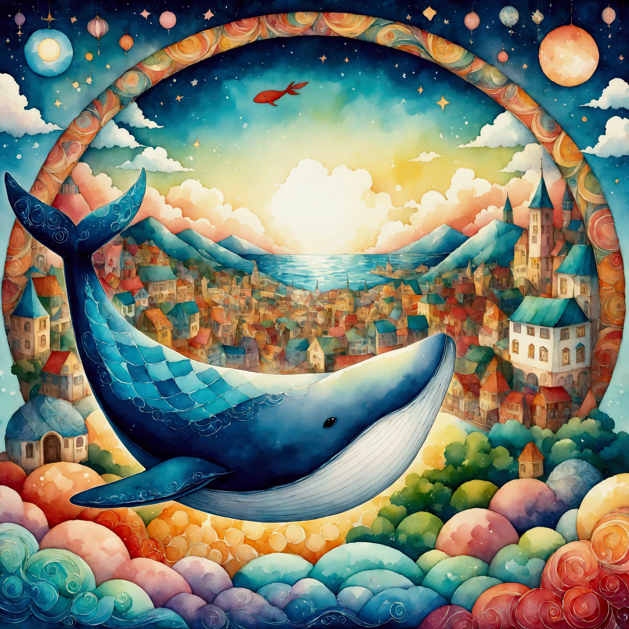 create artistic handmade pieces,This is a dreamy and colorful work that looks like an illustration in a picture book.,Collage using various art materials,A sky pattern drawn by mixing blue and black,watercolor style background,cloth,quilting,Embroidery thread,Looking down on the cityscape painted in white and orange from above,flying whale,Cityscape and sky of a Brazilian city near the sea,BREAK,(Flying Whale: Anatomically Correct Whale: Cute Whale: Baleen Whale: Humpback Whale),BREAK,rich expression,Use various patterns such as geometric patterns and traditional patterns,An imaginative dream world,happy dream,artwork,patchwork,intricate details,anatomically correct,perfect ,kind,rich colors,Careful in every detail,structurally correct
