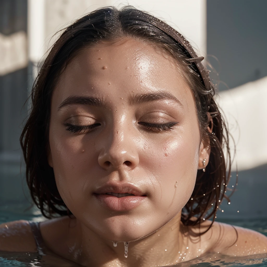a woman in the water with her eyes closed, 5000k white product lighting, facial retouch, trending on pinterest, dripping wet, unsplash, detailed body and face, shiny and sparkling, profile face, overflowing, ads, water damage, sephora, wide screenshot, getty images proshot, mixed-race woman