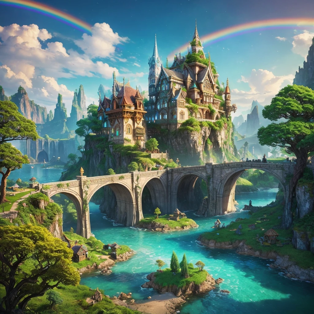 Create a breathtakingly beautiful fantasy world named Eldravaeria. This world is filled with lush, verdant landscapes where magical creatures such as elves and fairies reside. The sky is perpetually adorned with a vibrant rainbow, and gigantic trees house hidden cities where the inhabitants live in harmony with nature. The architecture should seamlessly blend with the environment, with buildings made from natural materials and adorned with magical glowing runes. The atmosphere exudes tranquility and mysticism, with enchanting flora and fauna, crystal-clear streams, and floating islands connected by vines and bridges.