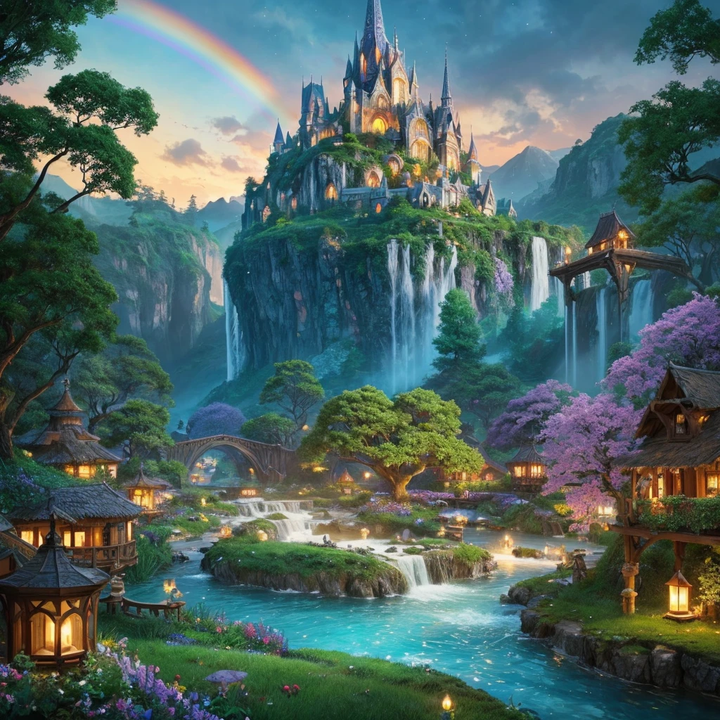 Create a breathtakingly beautiful fantasy world named Eldravaeria. This world is filled with lush, verdant landscapes where magical creatures such as elves and fairies reside. The sky is perpetually adorned with a vibrant rainbow, and gigantic trees house hidden cities where the inhabitants live in harmony with nature. The architecture should seamlessly blend with the environment, with buildings made from natural materials and adorned with magical glowing runes. The atmosphere exudes tranquility and mysticism, with enchanting flora and fauna, crystal-clear streams, and floating islands connected by vines and bridges.