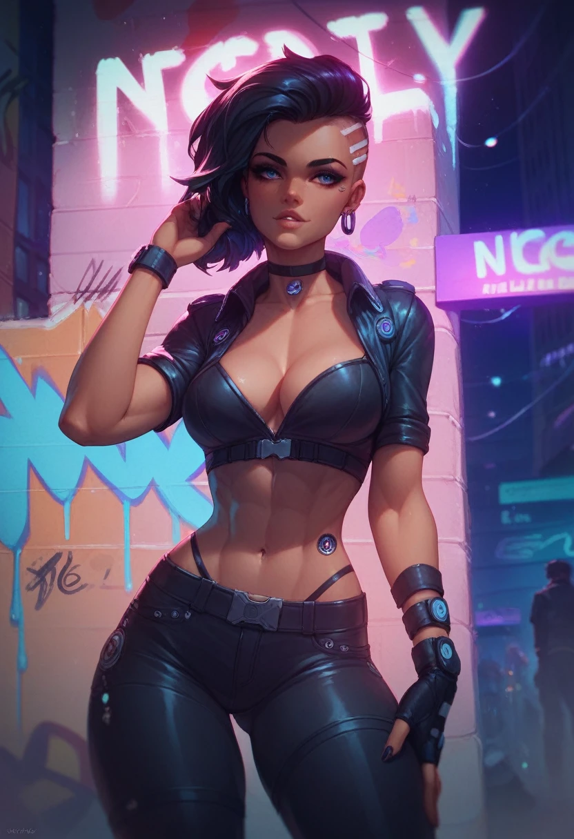 
A  black menalin skin girl with wearing an head set listening to music in a busy futuristic city  at night with graffiti on the wall, night lights, cypwr vibes.