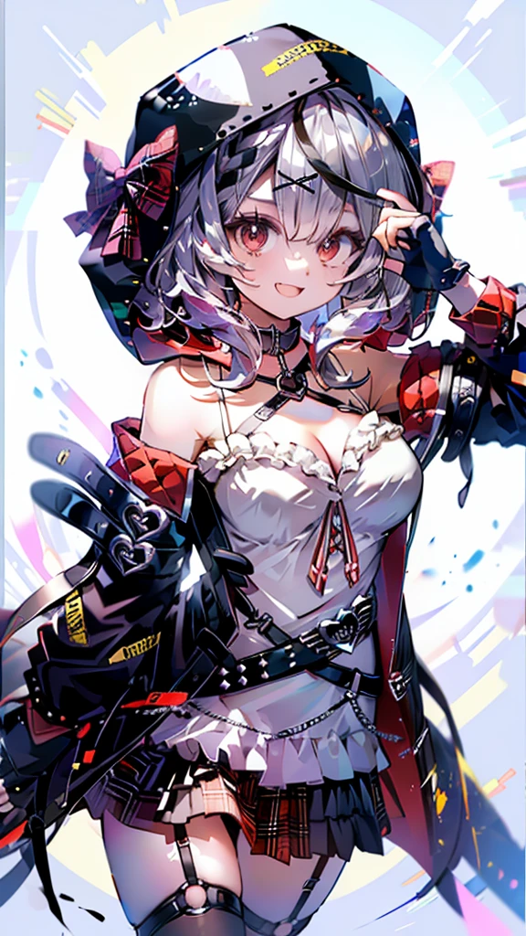 (Ultra-high resolution,masterpiece, Attention to detail, Highest quality), 8k,(1girl, 独奏, red eyes, sakamata chloe, garter straps, fingerless gloves, torn thighhighs, grey hair, multicolored hair, plaid skirt, cleavage, x hair ornament, red skirt, black collar, white camisole, breasts, braid, black belt, medium hair, black jacket, hood up, plaid bow),(Blessed,Captivating body、Ultra-detailed skin、Super beautiful eyes、Detailed Background),One girl、 (cheerful ,enjoy :1.5),