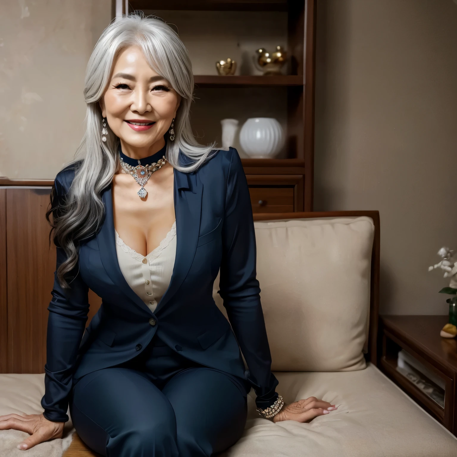 88 years old Mom MILF Korean, Lady large earring Big choker navel piercing decoration A bracelet Silver Hair realisitic Gorgeous Madame Beautiful Mature Woman sexy Smile Gentle woman navel piercing 4K High quality メガネ