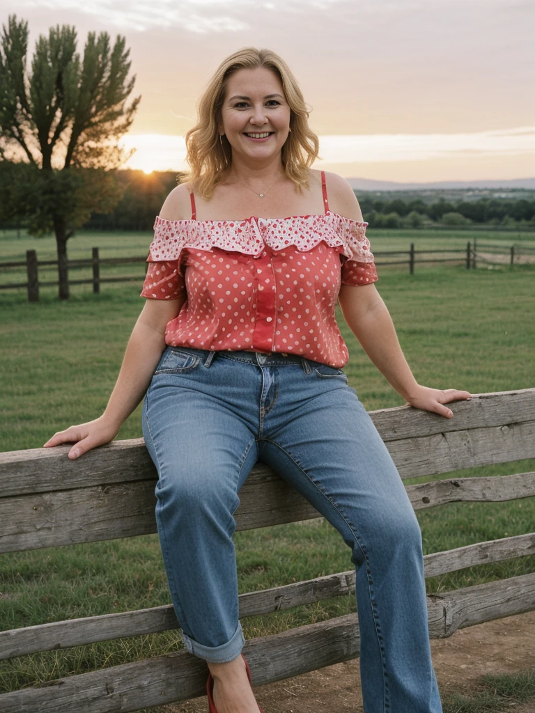 her name is Amélie, high quality, ((mature)), ((white pale skin)), 1girl, ((40-year-old chubby Swiss woman)), ((40 years old)), ((chubby)), ((CRANKY short BLONDE)), pose: sensual, wearing stylish (((wearing pair of red off shoulder polka red blouse and jeans))), ((BACKGROUND: sitting on a fence through a sunset at barn in the south of France)), smiling 
