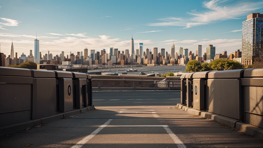 A comic style illustration of manhattan skyline as viewn from street level. View should be in the middle of the city, not from far away.
