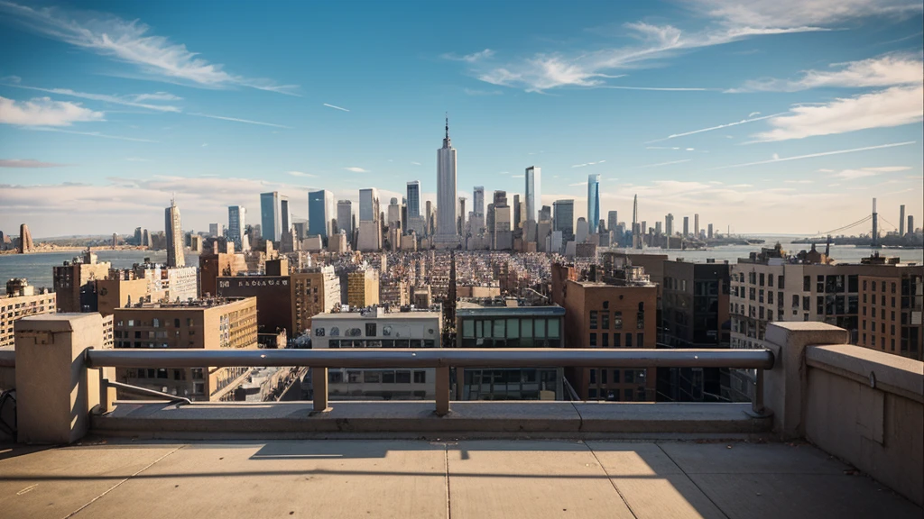 A comic style illustration of manhattan skyline as viewn from street level. View should be in the middle of the city, not from far away.