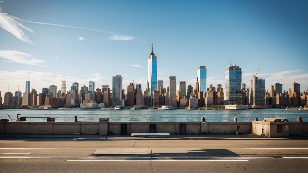 A comic style illustration of manhattan skyline as viewn from street level. View should be in the middle of the city, not from far away.