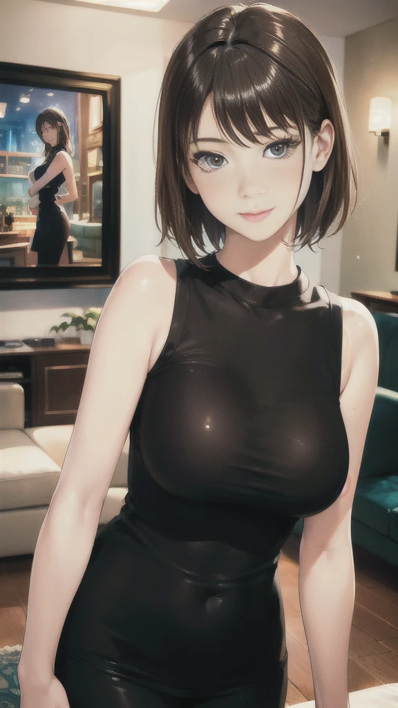 (RAW Photos:1.2), (Realistic:1.4),(Intricate details:1.2),(masterpiece:1.3),(highest quality:1.4), (超High resolution:1.2), Cinema Lighting, 超High resolution,(fine grain), 1 Woman Standing, /(Sleeveless knit shirt/), Mature Woman, /(Black Hair/) bangs, A gentle blushing smile, (Masterpiece Top quality:1.2) Delicate illustrations, super detailed, Big Break /(Modern house living room/)