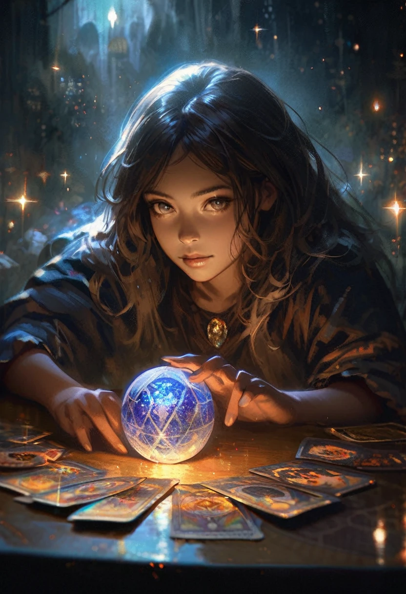 impressionism painting, realistic, 1girl, fortune teller, tarot cards at a table, looking at viewer, dark skin, mystical, magical, glow, glowing, dark magical lighting, moody, cinematic, sparkle, glittering, darkness