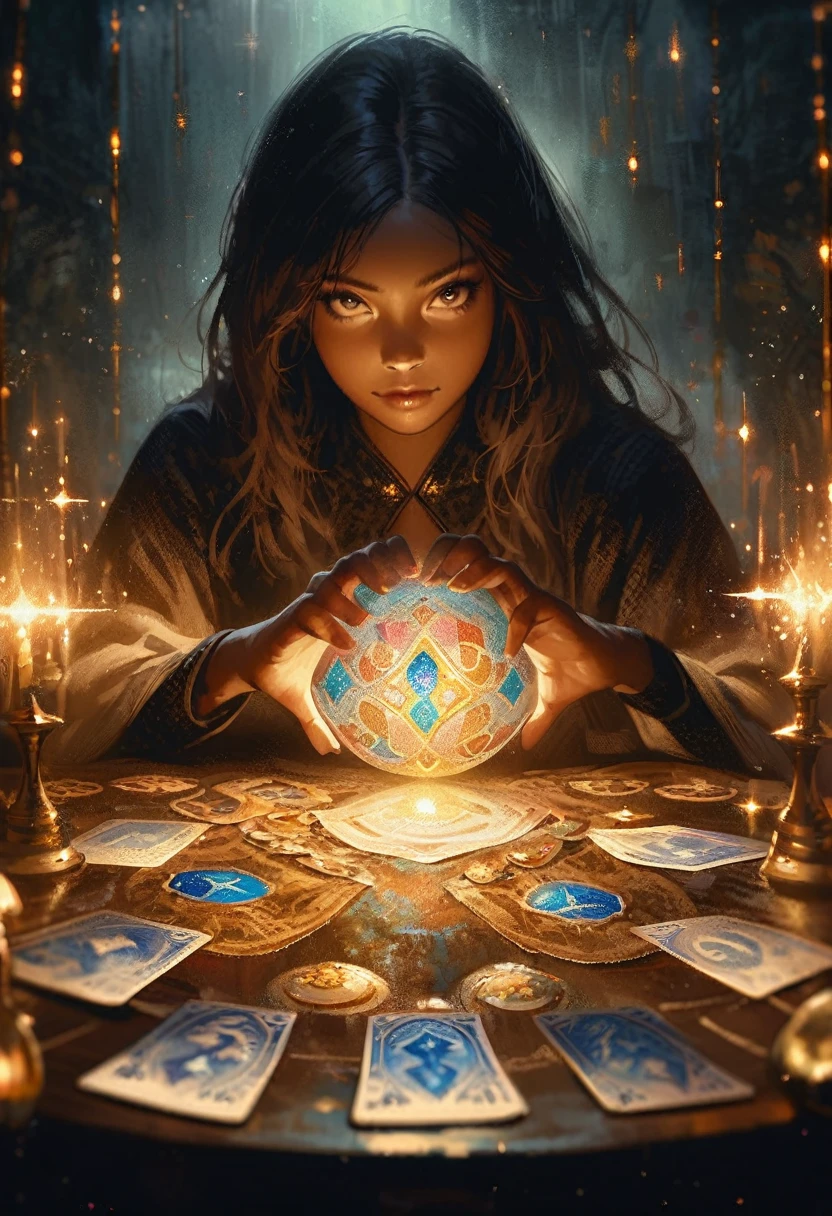 impressionism painting, realistic, 1girl, fortune teller, tarot cards at a table, looking at viewer, dark skin, mystical, magical, glow, glowing, dark magical lighting, moody, cinematic, sparkle, glittering, darkness