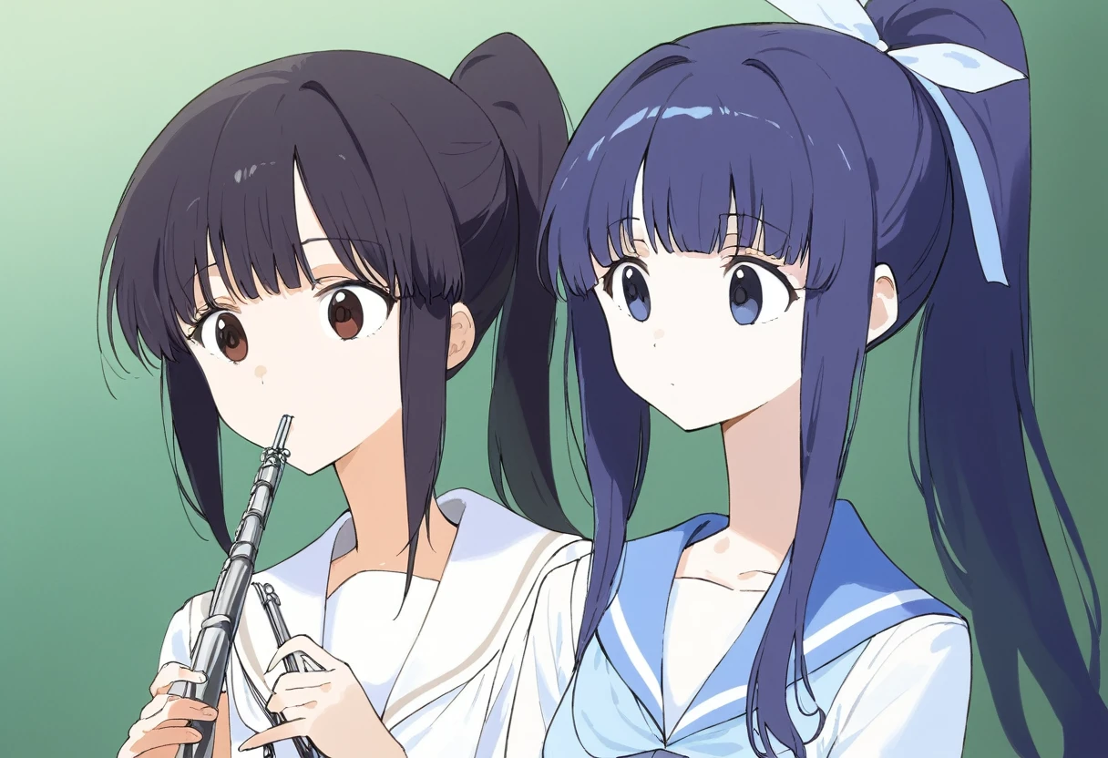 2 people、two girls、(Dark brown and black hair、High ponytail、(/Nozomi Kasagi\),Anime characters、girl、Expressionless、Emotionless facial expression、Silver flute、Playing the flute、Upper body only、Sailor suit with light blue collar、A white sailor suit with a light blue ribbon、)((/Yorozuka Mizore\)Dark blue hair、Straight Hair、Neat bangs、Playing the oboe、girl、Expressionless、Apathy、Glassy Eyes、Upper body only、Sailor suit with light blue collar、A white sailor suit with a light blue ribbon)、Light coming in from the window、together