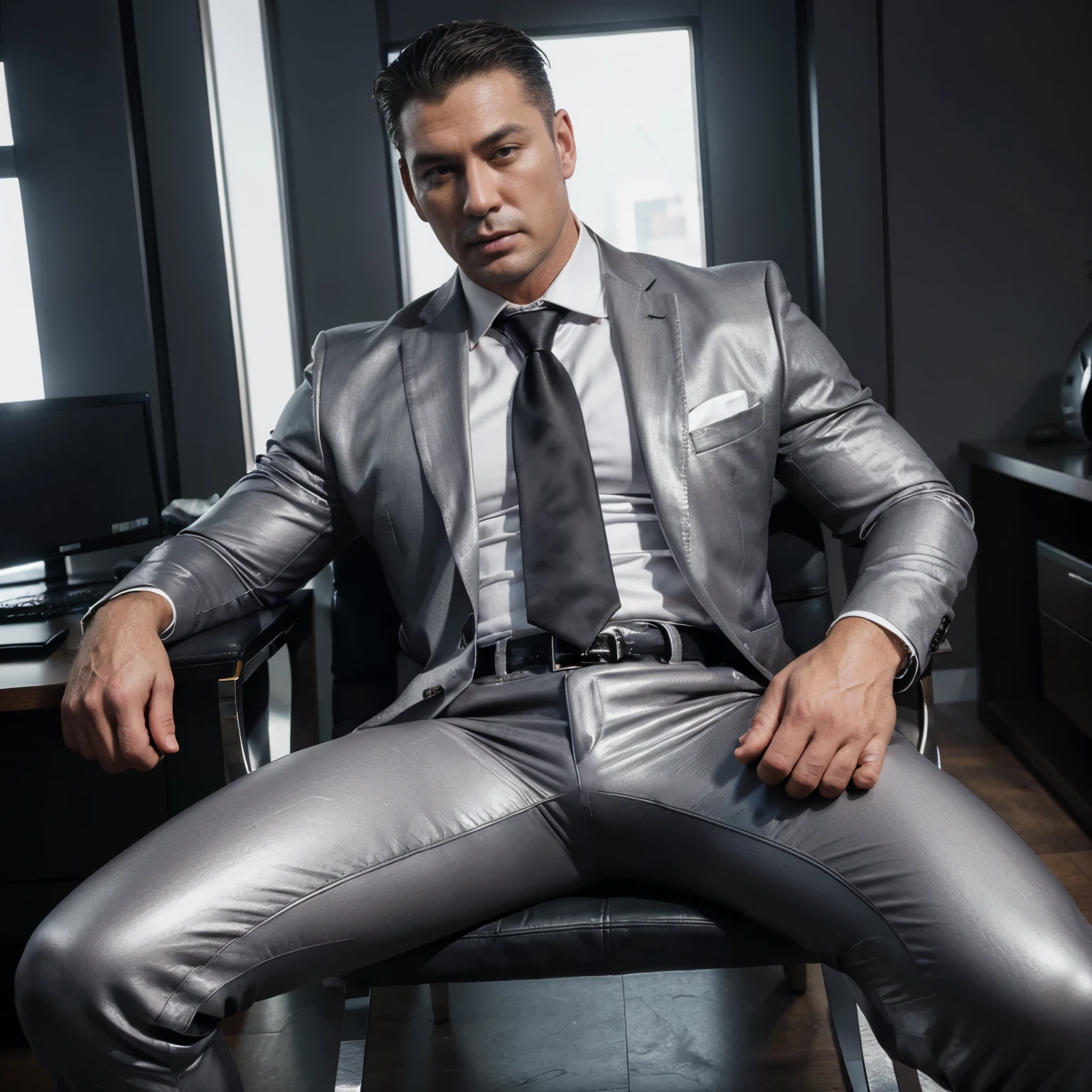 30 years old, The young daddy, very handsome, wear "very shiny suit", wear white shirt, very glossy pants, necktie, waistcoat, shiny satin trousers, wear leather belts, dark gray satin fabric ,Dad sit back against the chair and spread your legs, k hd,in the office,"big muscle", "Dad is so big" , masculine hairstyle, asia face, masculine, strong man, the boss is, handsome, leather gloves, lecherous dad, look straight ahead,dad is handsome,dad is handsome, dad is "big horny daddy"