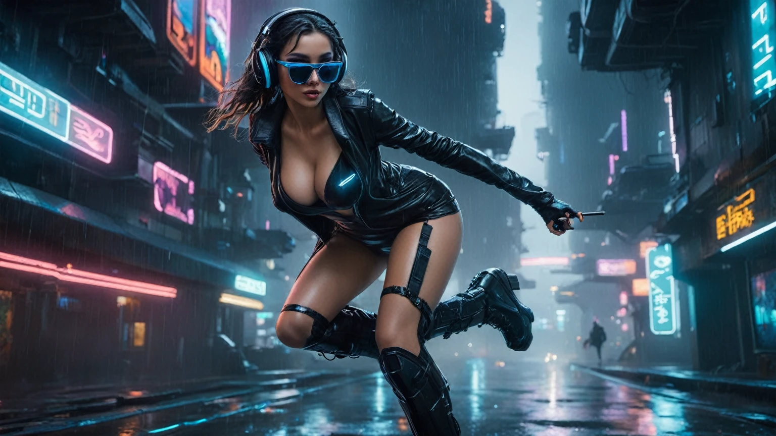 (aerial view, a flying cars docking platform, a very dark abandoned futuristic city, neon lights), rainy night. (((1girl, solo, alone))), large-breast:1.2 slim body, cleavage:1.1, sexy wind blowing wet dress:1.4, (((headphone, black sunglasses, standing and holding pistol:1.8, dynamic rushing pose))), (((((half-body thigh level medium shot))))), cinematic lighting, lens flare, ray tracing.