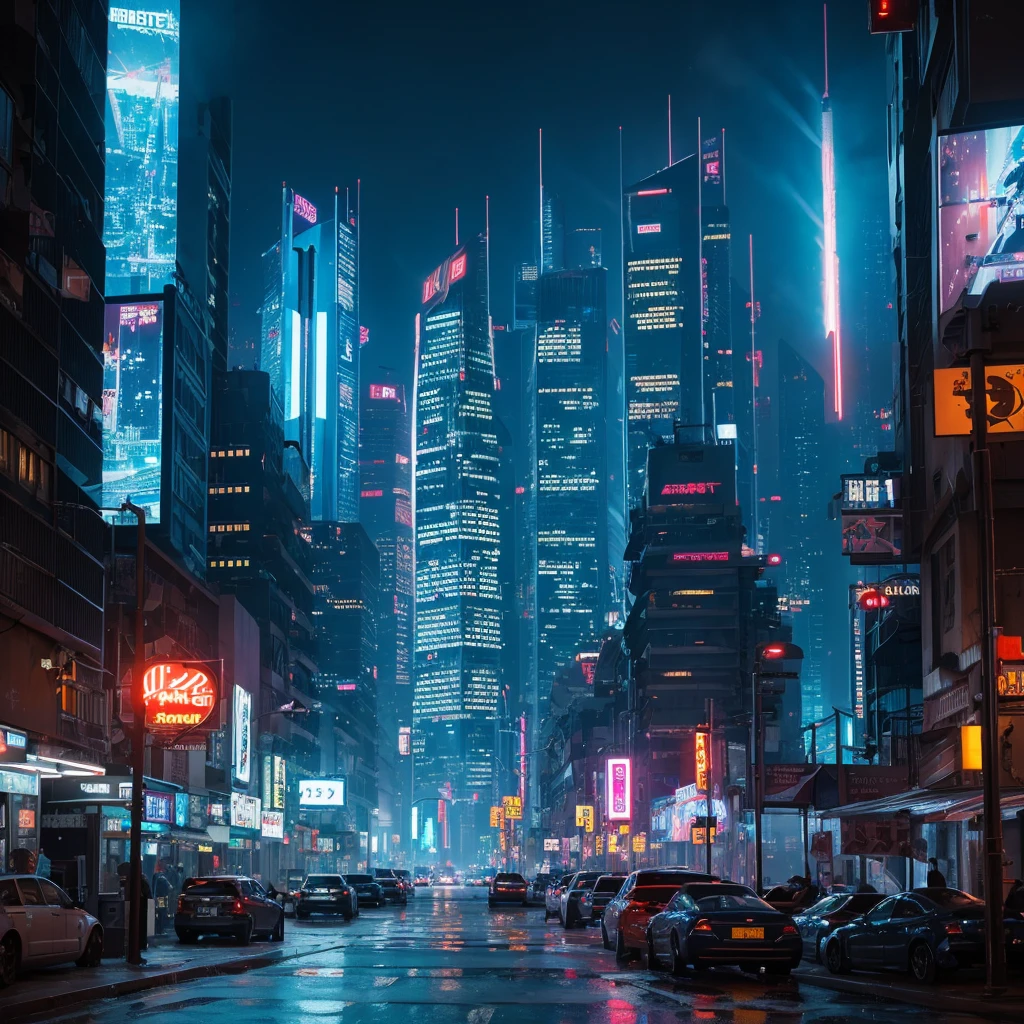 Design a futuristic cyberpunk world called Silvertech. The cityscape is dominated by towering skyscrapers and neon lights, with holographic advertisements illuminating the sky. People navigate the bustling streets and alleys, utilizing advanced cybernetic enhancements and cutting-edge technology in their daily lives. Below the surface, a network of resistance groups operates in the shadows, challenging the corporate overlords who control the city. The environment is a blend of sleek, high-tech aesthetics and gritty, industrial elements, with rain-soaked streets, bustling markets, and secretive underground clubs.