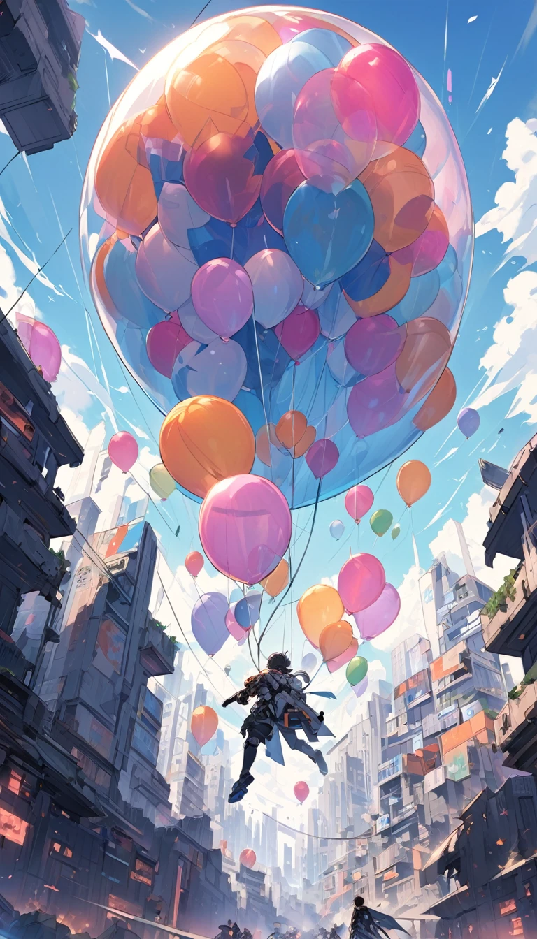 In a war-torn futuristic city, a person encased in a giant futuristic balloon, floating comically in the air,The background is a game world in the middle of a battle, a futuristic city is about to be destroyed.