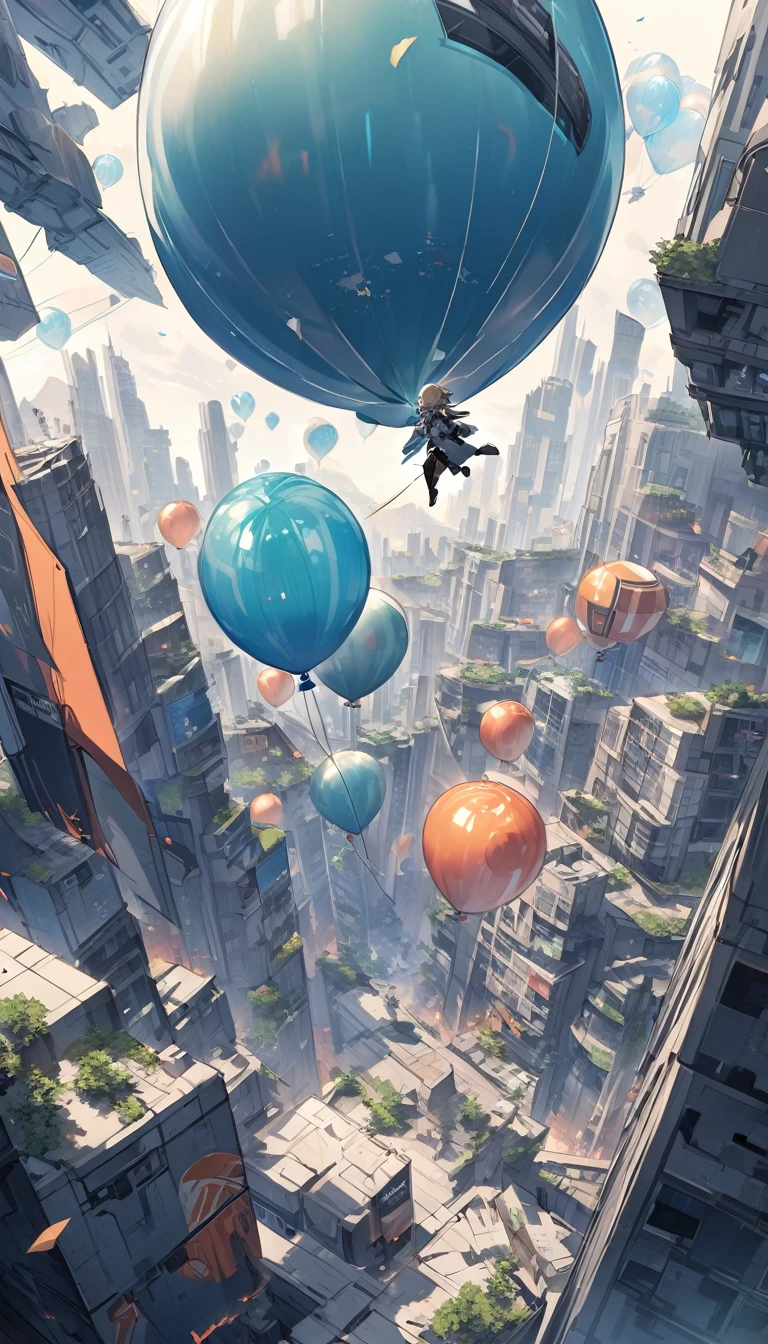 In a war-torn futuristic city, a person encased in a giant futuristic balloon, floating comically in the air,The background is a game world in the middle of a battle, a futuristic city is about to be destroyed.