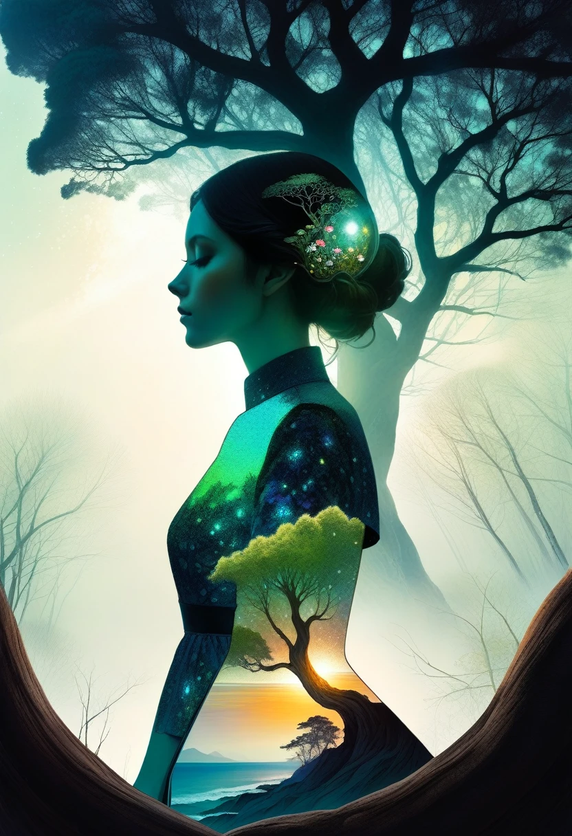 (Elf),(nature), Green Leaves, Adventure, Aether, Kraken,  Nebula, Verdant, Canvas Voyage, Lovely, Grateful [:vintage cars:15], (Double exposure:1.3) photo of elf made of mosaic of iridescent crystal glass with sub scattering mirror surface imposing onto transparent tree hollow trunk in living brocade underbust dress made out of flowers, bokeh sky by Peter Gric, Conrad Roset, Brandon Kidwell, Andreas Lie, Dan Mountford, Dan Witz, Agnes Cecile, Jeremy Mann, fine art, super dramatic moonshine, silhouette photo illustration, amazing depth, intricate detailed fine cracked surface, stunning atmosphere, mesmerizing whimsical vibrant scenery, complex masterwork by head of prompt engineering