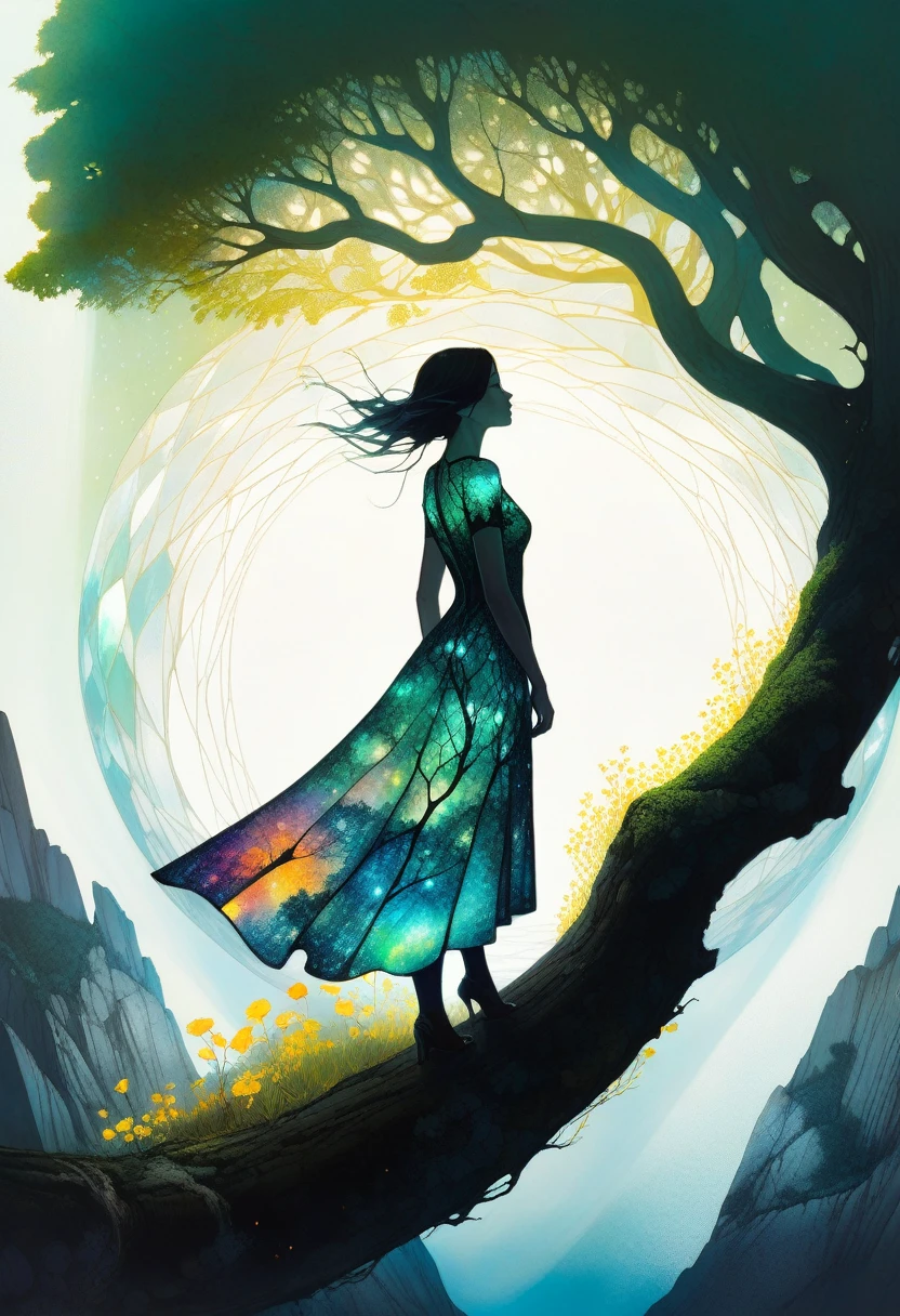 (Elf),(nature), Green Leaves, Adventure, Aether, Kraken,  Nebula, Verdant, Canvas Voyage, Lovely, Grateful [:vintage cars:15], (Double exposure:1.3) photo of elf made of mosaic of iridescent crystal glass with sub scattering mirror surface imposing onto transparent tree hollow trunk in living brocade underbust dress made out of flowers, bokeh sky by Peter Gric, Conrad Roset, Brandon Kidwell, Andreas Lie, Dan Mountford, Dan Witz, Agnes Cecile, Jeremy Mann, fine art, super dramatic moonshine, silhouette photo illustration, amazing depth, intricate detailed fine cracked surface, stunning atmosphere, mesmerizing whimsical vibrant scenery, complex masterwork by head of prompt engineering